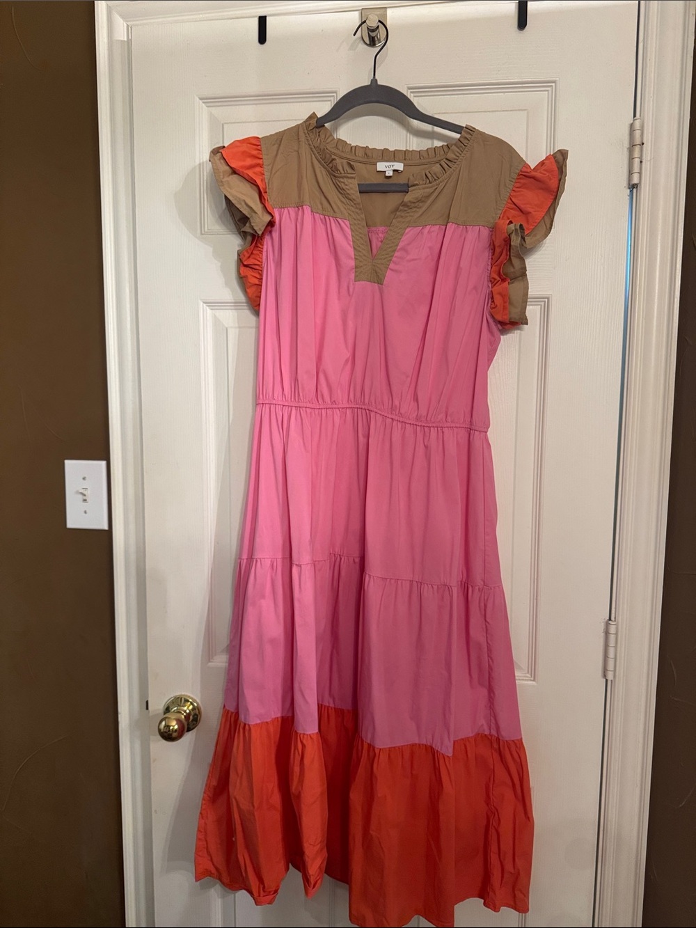Women’s VOY Pink & Orange Tiered Cotton Dress with Tan Yoke